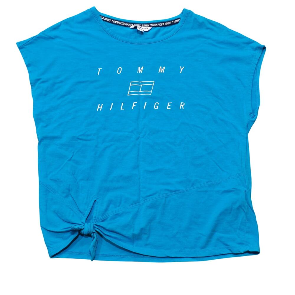 Tommy Hilfiger Sport Cyan Blue Tie-Front Logo Graphic T-Shirt Short Sleeve Shirt